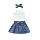 Emmababy Summer Baby Girl Lace White Vest Tops Denim Half-Dress Skirt Bow Headband Suit Outfits Set