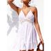 Women's Backless Dress Elegant Dress Summer Sexy Hollow Out Lace Short Dresses Solid Color V Neck Suspender Dress