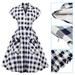 LYUMO Women Classic Blue White Gray Plaid Pattern Turn-down Collar V-neck Flared Dress, Plaid Dress, Turn-down Collar Dress
