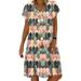 Womens Short Sleeve Shirt Dress Knee Length Floral Geometric Print Summer Casual Swing Tunic Dress Ladies V Neck Beach Sundress