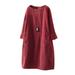 Winnereco Women Solid Color O-neck Dress Pocket 3/4 Sleeve Dresses (Red M)