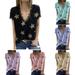 Women's V Neck Short Sleeve Lace Neck T-shirt, Summer Star Blouses Vintage Elegant Tunic Shirt Tops, Black, M