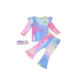 Suefunskry Cute Toddler Baby Girl Tie Dye Clothing Ruffle Colorful Print Knited 2pcs Long Sleeve Top+Fare Pants Set