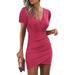 Sexy Dance Solid V-Neck Dress for Women Ladies Slim Fit Mini Dresses Short Sleeve Bodycon Dress Evening Cocktail Party Dress