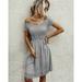 New Women's Short Sleeve Midi Dress Stripe Print Smocked Chest Bardot Casual Dress Off Shoulder Dress Elastic Waist Skirt