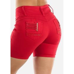 Womens Juniors Mid Rise Levanta Cola Denim Shorts - Butt Lifting Shorty Shorts - Denim Red Shorts 10523J