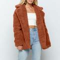 Women Faux Fur Coat Jacket Warm Fleece Long Sleeves Notched Lapel Collar Solid Vintage Furry Casual Long Overcoat Outwear