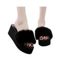 Wazshop Women Casual Fluffy Fur Sliders Slippers Flip Flop Flat Sandals Mule Wedge Shoes