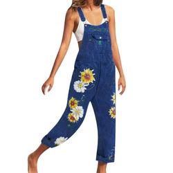 Julycc Womens Sunflower Print Denim Jeans Bib Casual Overall Jumpsuit
