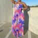 Women Summer Off Shoulder Tie Print Ruched Sleeveless Maxi Dress