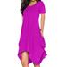 Avamo Summer Short Sleeve Dress for Women Solid Color Irregular Hem Pleated Dress Ladies Beach Party Midi Dress with Pockets Rose L(US 10-12)