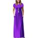 Rinhoo Women Pleated Pockets Crew Neck Short Sleeves Solid Color Maxi Dress