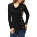 allegra k women's cowl neck long sleeves buttons decor ruched top black xl