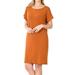 Women & Plus Round Neck Rolled Sleeve Knee Length Tunic Shirt Dress with Pockets (Almond, 3X)