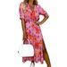 Women's Boho V Neck Ruffle Summer Short Sleeve Floral Split Casual Maxi Dress Long Sundress