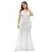 Ever-Pretty Women's V-Neck Embroidered Lace Floor Length Plus Size Mermaid Dress 78862 White US18