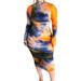 DaciyeWomen Tie Dye Print Slim Dress Long Sleeve Midi Dresses (Orange 2XL)