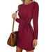 Meterk Fashion Women Solid Long Sleeves Dress Tie Knot Waist Ruched Front O Neck Autumn Spring Casual Dress