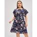Woman's Plus Size Butterfly Sleeve Belted Tropical Print Dress