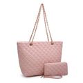 POPPY Women's Classic Quilted Shoulder Bag & Wallet Set Vagan Leather Metal Chain Strap Tote Handbag Purse 2PCS-Pink