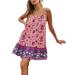 Avamo Women Sleeveless Adjustable Strappy Summer Beach Floral Flared Swing Dress Casual Loose Spaghetti Strap Cami Dresses Ruffle Hem Purple M(US 6-8)
