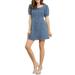 Unique Bargains Women's Denim Flare Mini Puff Sleeve Sweetheart Neck Dress