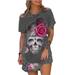Short Sleeve Summer Casual Punk Skull Rose Print Mini Dress