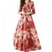 Women's Elegant V-neck Long Sleeve Retro Vintage Cocktail Party Swing Dresses Princess Print Dress Slim Waist Maxi Dress,Red