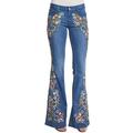 Women Flare Jeans Elastic Waist Bell Bottom Embroidery Floral Denim Pants Ladies Juniors Bell Bottom High Waist Fitted Denim Jeans