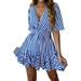 Women's Sexy Deep V Neck Short Sleeve Striped Wrap Ruffle Hem Pleated Mini Dress with Belt Blue L