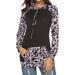 Starvnc Women Long Sleeve Cowl Neck Leopard Stitching Colorblock Front Pocket Sweatshirt