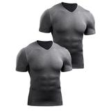 (2 Pack)Men Compression Workout Pullover Tee Gym Fitness Sport Stretch Athletic Active Wear T Shirts Summer Short Sleeve V Neck Tops