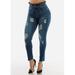 Womens Juniors High Waisted Blue Skinny Jeans - Paperbag Waist Skinny Denim Pants - Dark Blue Denims 11067O