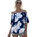 Sexy Dance Womens Printed Off Shoulder Blouse Short Sleeve Baggy T-Shirt Top Women Strapless Shoulder Lady Floral Printed One-Word Collar Loose Fashion T-shirt