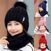 Women's Thick Knitted Beanie Hat Plush Neck Gaiter Scarf Outdoor Riding Hat+Scarf