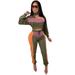 Women 2 Pcs Tracksuit Sets Casual Wear Color Block High Neck Long Sleeve Crop Top + Elastic Waist Pant Fitness Clothes