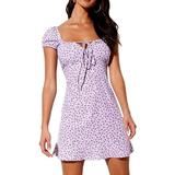 Sexy Dance Short Sleeve Dress for Women Girl Cute Floral Print Smocked Dress Butterfly Flower Graphic Print Swing Dress for Summer