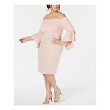 R&M RICHARDS Womens Pink Solid Bell Sleeve Off Shoulder Below The Knee Sheath Evening Dress Size 18W