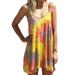 Womens Mini Dresses Tank Crew Neck Tie Dye Beach Dress Pleated Swing Slip Dress