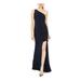 BLONDIE Womens Navy Slitted Solid Asymmetrical Neckline Full-Length Sheath Formal Dress Size 1