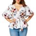 Bseka Fashion Womens Floral Print Plus Size Belted Surplice Peplum Blouse V-Neck Tops