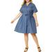 Unique Bargains Women's Plus Size Wrap Belted Turndown Collar Chambray Dress