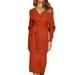 Fashion Women Winter Casual Bat Wing Long Sleeve Bodycon Knitted Split Jumper Midi Dress Ladies Sexy V-Nexk Slim Fit Party Evening Cocktail Prom Sweater Wrap Long Dress With Waist Tie Size 12-26