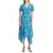 CALVIN KLEIN Womens Blue Belted Floral Short Sleeve V Neck Midi Shift Wear To Work Dress Size 14