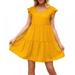 Summark Women Casual Loose Solid Color Dress V Neck Pleated Chiffon Dress Ruffles Sleeve Mini Beach Dress