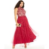 City Studios Women's Trendy Plus Size Rhinestone Embroidered Gown Red Size 22