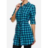 Womens Juniors Plaid Teal Dress - Long Sleeve Dress - Tunic Shirt Dress 40605M