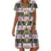 Womens Short Sleeve Shirt Dress Knee Length Floral Geometric Print Summer Casual Swing Tunic Dress Ladies V Neck Beach Sundress