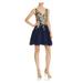 AVERY G Womens Navy Embellished Patterned Sleeveless V Neck Short Fit + Flare Evening Dress Size 8