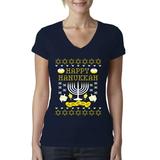 Happy Hanukkah Ugly Christmas Sweater Womens Junior Fit V-Neck Tee, Navy, Small